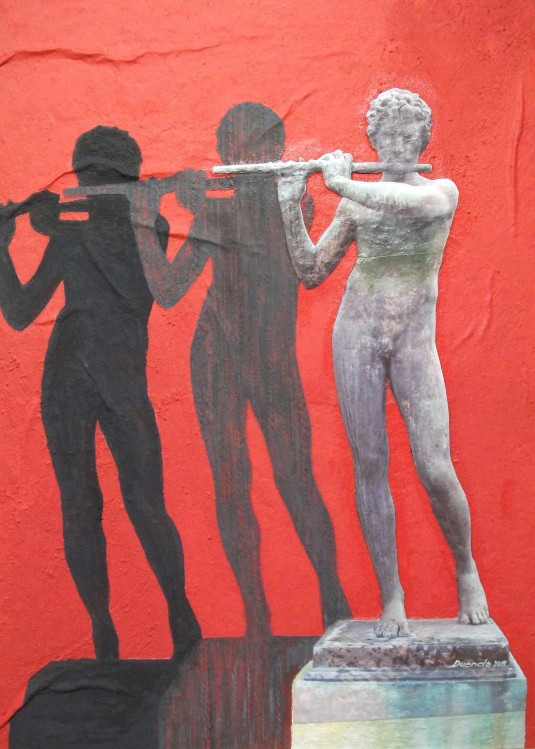 DUENDE - Acrylmalerei, Skulptur Querflöte, Acryl Collage auf Hartfaser 70 × 54