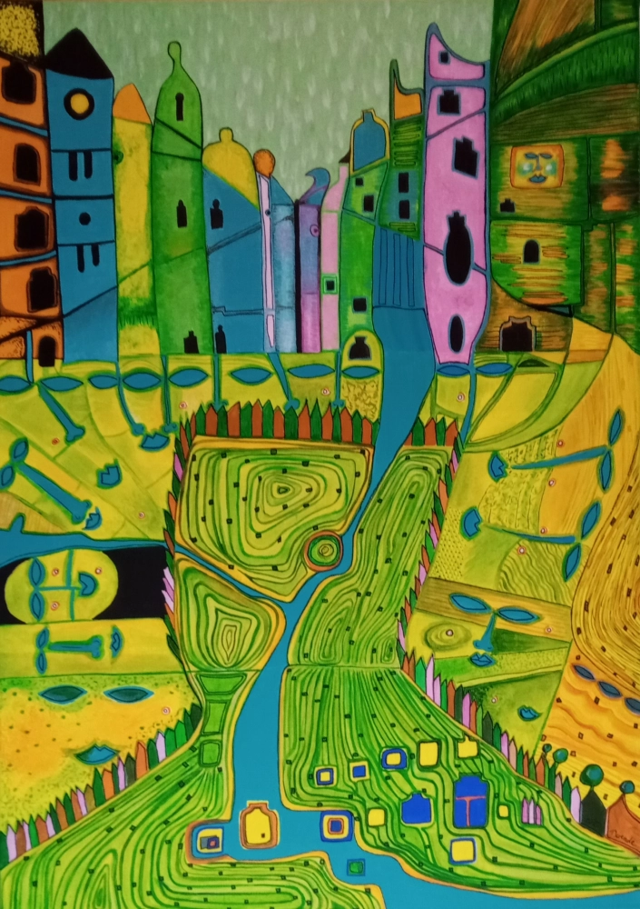 DUENDE - Acrylmalerei, Art Hundertwasser II Acryl auf LW 70 × 50