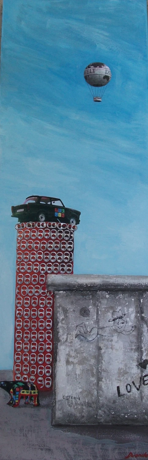 DUENDE - Kunstrecycling, Trabiturm an Mauer Acryl auf LW & Metall 120 x 40